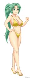 07th_expansion 1girls abridged-satoko big_breasts bikini breasts busty cleavage curvy feet female female_only green_eyes green_hair hand_on_hip heels higurashi_no_naku_koro_ni hips large_breasts long_hair looking_at_viewer mion_sonozaki navel ponytail smile smug solo thick_thighs voluptuous yellow_bikini