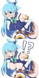 1girls 2d :o accidental_exposure aqua_(konosuba) aqua_hair armpit armpits bent_over blue_eyes blue_hair blush breasts breasts_out breasts_out_of_clothes clothing cute embarrassed exposure female hair_ornament hand_over_own_mouth hanging_breasts human kono_subarashii_sekai_ni_shukufuku_wo! kuro_mushi large_breasts long_hair medium_breasts nipples shocked shocked_expression short_skirt thick_thighs thighhighs thighhighs_under_boots thighs uncensored