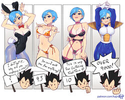 1girls big_breasts bikini blue_eyes blue_hair blue_pantyhose blush bra breasts bulma_(bunny) bulma_briefs bunny_costume bunny_ears bunny_girl bunnysuit choker cleavage clothed dragon_ball dragon_ball_z english_text female female_only g-string g-string_pull garter_belt kajinman large_breasts lingerie over_9000 pink_choker red_bowtie saiyan_armor short_blue_hair short_hair skimpy_bikini speech_bubble stockings string_bikini text thick_thighs tight_pants underboob vegeta vegeta_(cosplay) wide_hips