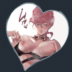 1girls bare_shoulders blush breasts clothed color erect_nipples heart japanese_text jojo's_bizarre_adventure lactation lips musasabi nipple_play nipples orgasm_face pink_hair pink_lips pink_nails pink_nipples solo sweat text_bubble trish_una vento_aureo