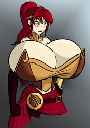 artist_request big_breasts bursting_breasts circlet gorget green_eyes high_ponytail huge_breasts hyper hyper_breasts long_hair massive_breasts ponytail pyrrha_nikos red_hair rwby sidelocks