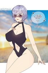 1girls bare_legs black_swimsuit blue_eyes cleavage covered_nipples cryptid_crab english_text girls'_frontline glasses large_breasts looking_over_eyewear looking_over_glasses looking_over_sunglasses nipple_bulge one-piece_swimsuit purple_hair short_hair smile solo sunglasses swimsuit text thick_thighs thompson_(girls'_frontline) tinted_eyewear