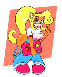 1girls anthro blonde_hair breasts coco_bandicoot computer crash_(series) electronics female fur furry laptop nipples overalls takumi-exe thick thick_thighs wide_hips