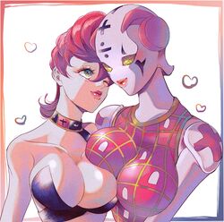 2girls bare_shoulders breast_press breasts breasts_to_breasts cleavage clothed female heart human humanoid jojo's_bizarre_adventure leotard light-skinned_female light_skin lips looking_at_partner musasabi pink_hair pink_lips pink_skin short_hair shounen_jump spice_girl stand_(jjba) standcest tagme trish_una vento_aureo yuri