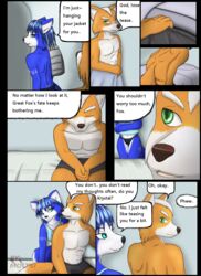 anthro blue_body blue_fur blue_hair canid canine canon_couple comic english_text female fox fox_mccloud fur future hair hi_res krystal male male/female mammal moltsi nintendo nude star_fox text video_games white_body white_fur