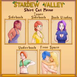 6girls abigail_(stardew_valley) big_breasts blonde_hair blue_eyes blue_hair blush boob_window breasts capital dungarees emily_(stardew_valley) ginger_hair green_eyes haley_(stardew_valley) incest inner_sideboob large_breasts leah_(stardew_valley) lifting_shirt looking_at_viewer maru_(stardew_valley) multiple_girls naked_overalls nipples nude orange_hair overalls partially_clothed partially_nude penny_(stardew_valley) purple_hair red_hair self_upload shirt_cut_meme sideboob sisters smile smiling stardew_valley tan_lines tan_skin tanned underboob