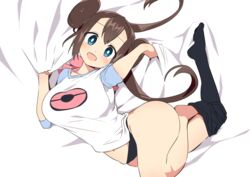 1girls 2021 big_eyes black_panties blue_eyes blush breasts brown_hair cute feet feet_in_stockings female female_focus female_only hips large_breasts leggings leggings_down long_hair looking_at_viewer lying_on_back nintendo no_hat panties pokemon pokemon_bw2 rosa_(pokemon) shirt simple_background slim_waist smile smiling thick_thighs thighs tottotonero twin_buns twintails white_background white_shirt wide_hips