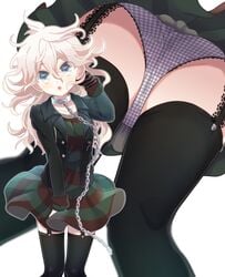 :o ahoge ass ass_focus black_legwear blue_panties buttons chain_leash clothing collar collarbone collared_jacket curly_hair danganronpa danganronpa_2:_goodbye_despair dress eyes_visible_through_hair from_below garter_straps genderswap_(mtf) hand_on_head koseiya long_hair long_sleeves looking_at_viewer mittens nagito_komaeda panties pantyshot pantyshot_(standing) rule_63 servant_(danganronpa) simple_background solo solo_female stockings straight_hair striped_panties underwear upper_body upskirt