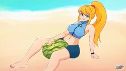 1girls 2021 animated artist_name bare_shoulders beach between_thighs blonde_hair blue_eyes breaking_watermelon_with_thighs breasts c_starlett casual_outfit_(metroid) cracks feet female female_only food highres holding_food large_breasts leaning_back long_hair long_ponytail looking_at_viewer metroid midriff muscles muscular muscular_female nail_polish navel nintendo no_sound ocean ponytail red_nails samus_aran sand sexually_suggestive shirt short_playtime shorts sitting smile solo teeth thigh_crush thighs tight_clothing toes video water watermark watermelon watermelon_crushing wristband