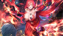 action_taimanin astaroth_(taimanin_asagi) big_breasts breast_tattoo collar demon demon_girl dress earrings elbow_gloves eyebrows_visible_through_hair eyes_visible_through_hair fangs female large_breasts navel official_art potion_(moudamepo) red_dress red_hair spiked_bracelet taimanin_(series) tattoo teeth very_long_hair yellow_eyes