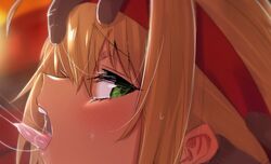 ahoge blonde_hair blush close-up cum cum_in_mouth cum_string dark-skinned_male dark_skin fate/grand_order fate_(series) female green_eyes headband nero_claudius_(fate) nero_claudius_(olympian_bloomers) open_mouth sideways_glance solo_focus tongue tongue_out ulrich_(tagaragakuin)