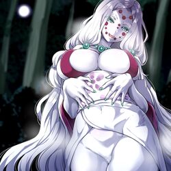 big_breasts cleavage demon_girl demon_slayer facial_markings fangs female female_only green_eyes green_nails kimetsu_no_yaiba kimono long_hair looking_at_viewer milf mother_spider_demon nail_polish necklace night no_panties obi outside pubic_hair smile solo thick_eyebrows uncensored very_long_hair white_hair white_skin yac_(mokkori)