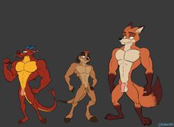 abs anthro artariem asian_mythology balls biceps buff canid canine digital_media_(artwork) dilf disney dragon east_asian_mythology eastern_dragon fox genitals group herpestid hi_res humanoid_genitalia male male_only mammal meerkat mulan muscular muscular_male mushu mythology nick_wilde nude pecs penis smile testicles the_lion_king timon vein veiny_penis zootopia