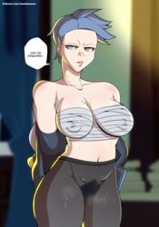 1girls big_breasts blue_hair breasts cyllene female laundrymom nintendo nipple_bulge pantyhose pokemon pokemon_legends:_arceus pubic_hair shimaboshi_(pokemon) short_hair solo speech_bubble standing text thick_thighs thighs tight_clothing very_short_hair