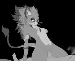 anthro belladonna_(trials_of_mana) black_background breasts breath cowgirl_position duo ear_piercing ear_ring felid feline female female_on_top from_front_position genitals haaru heart hi_res human human_on_anthro human_penetrating interspecies jewelry male male/female male_human/female_anthro male_on_anthro mammal monochrome nipples on_bottom on_top partial_male penetration piercing pussy sex simple_background smile solo_focus trials_of_mana vaginal_penetration