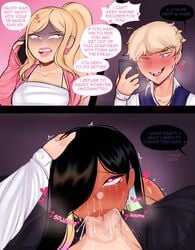 black_hair blonde_hair blush calling cheating cheating_boyfriend cinnabus comic cuckquean cum cum_bubble cum_down_throat cum_from_nose cum_in_mouth cum_in_throat cum_inside dark-skinned_female dark_skin deepthroat dialogue english_text eye_contact fae_(cinnabus) female gag gagging hair_over_one_eye head_grab heart-shaped_pupils hi_res interracial light-skinned_male looking_up male male/female markus_(cinnabus) oral oral_creampie original original_character phone phone_call pov rainbow_hair saliva saliva_trail sex sloppy sona_(cinnabus) speech_bubble talking_to_another