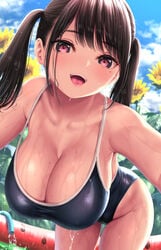 1girls big_ass big_breasts black_hair dksha female huge_breasts kase_daiki looking_at_viewer pink_eyes schoolgirl swimsuit swimwear wet_clothes