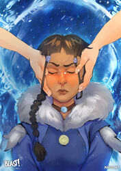 1girls avatar_the_last_airbender blush braid braided_hair brown_hair choker closed_eyes clothing coat eyelashes female fur_coat furrowed_eyebrows hair_loopies hands_on_face holding_face imminent_bukkake katara mayoo nickelodeon ponytail scowl signature straight_hair unseen_male_face water_tribe