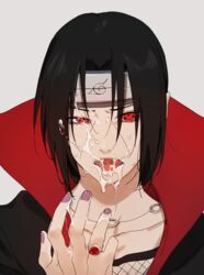 1boy akatsuki black_hair cum cum_on_face ejaculation ejaculation_on_hand male male_focus male_only nail_polish naruto naruto_(series) naruto_shippuden open_mouth pale-skinned_male pale_skin ring sharingan solo solo_male uchiha_itachi