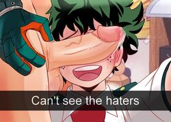 2boys bodily_fluids cant_see_the_haters dekuwus gay genital_fluids genitals gloves green_hair izuku_midoriya katsuki_bakugou male male/male male_only my_hero_academia penis penis_on_face penis_over_eyes selfie smile snapchat yaoi