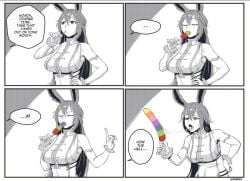 bunny_ears comic dildo hamatsu light-skinned_female monochrome original_character pale-skinned_female saliva_trail solo solo_female