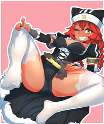 black_panties bra braid breasts cameltoe cleavage fangs feet gold_eyes grin hat lupusregina_beta overlord_(maruyama) panties red_hair spread_legs stockings thighhighs wink zei-minarai