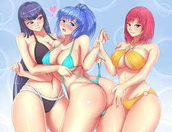 3girls ass asymmetrical_hair bangs big_ass big_breasts bikini blue_eyes blue_hair blunt_bangs blush breasts butt_crack canon_genderswap curvaceous curvy curvy_female curvy_figure cutout dat_ass embarrassed female female_only fff_threesome gender_transformation genderswap genderswap_(mtf) heart hime_cut holding_arm hourglass_figure huge_ass kampfer large_breasts looking_at_partner looking_at_viewer looking_back matching_hair/eyes micro_bikini midriff mishima_akane molestation open_mouth panties panties_pull ponytail pulling_panties purple_eyes purple_hair red_eyes red_hair round_ass rule_63 sangou_shizuku senou_natsuru shiny shiny_hair shiny_skin shoulder_length_hair skimpy skimpy_bikini solo_female swimsuit threesome tied_hair underboob underboob_cutout underwear very_long_hair voluptuous wedgie wide_hips yuri zarukiya