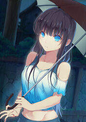 bangs bare_shoulders black_hair blue_eyes breasts clavicle cleavage closed_mouth exposed_shoulders female high_resolution hip_focus hips holding holding_umbrella long_hair looking_at_viewer midriff navel open_mouth original outdoors parted_lips pixiv_id_6626215 rafael-m rafael_m rain sidelocks solo tagme tree umbrella under_umbrella upper_body very_high_resolution wet