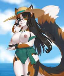 1girls anthro bangs black_hair blunt_bangs breasts breasts_out brown_hair calico_cat cristalavi feline female furry glasses green_eyes long_hair looking_at_viewer melody_(mellybyte) nail_polish necklace nipples ocean one-piece_swimsuit original outdoors sidelocks smile smug solo swimsuit tail two_tone_hair water