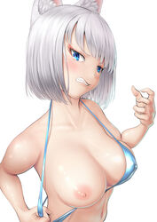 animal_ear_fluff azur_lane bikini bikini_pull blue_bikini blue_eyes breasts clothes_pull female glaring kaga_(azur_lane) kasu_(kasunohikari) looking_at_viewer medium_breasts nipples oerba_yun_fang one_breast_out pulled_by_self scowl short_hair simple_background solo sweatdrop swimsuit upper_body white_background white_hair