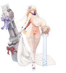 1girls 2021 armwear belly big_breasts blonde_hair blue_eyes bouquet breasts cleavage female female_focus female_only full_body huge_breasts long_hair low-tied_long_hair navel orange_hair simple_background solo solo_female solo_focus standing veil warship_girls_r wedding_veil white_armwear white_background white_bra white_clothing white_legwear white_panties white_stockings white_thong white_underwear white_veil xiao_shei..