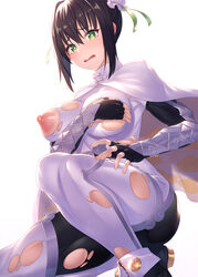 arm_guards bangs black_bodysuit black_gloves black_hair bodysuit breasts bun_cover capelet double_bun elbow_gloves fate/grand_order fate_(series) female fingerless_gloves gloves green_eyes green_ribbons hair_ribbon highres ibuki_notsu jewelry kneeling large_breasts looking_at_viewer neck_ring nipples open_mouth qin_liangyu_(fate) ribbon sidelocks solo thighs torn_bodysuit torn_clothes white_bodysuit white_capelet