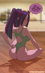 1girls anger_vein angry annoyed aria_blaze ass dimples_of_venus english english_text equestria_girls female female_only friendship_is_magic hasbro hi_res highres human human_only humanized leotard looking_back my_little_pony rambon7 sitting solo solo_female speech_bubble tagme text thong_leotard twintails