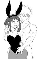 1boy 1boy1girl 1girls big_hips bimbo bunny_ears bunny_girl bunny_tail bunnysuit curvy_female female from_behind hugging_from_behind katsuki_bakugou male muscular muscular_male my_hero_academia ochako_uraraka playboy_bunny pranky spiky_hair thin_waist wide_hips