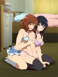 2girls blush bra cuddling female female_only grabbing_from_behind hands_on_ground hibike!_euphonium kneeling kousaka_reina long_hair multiple_girls open_mouth oumae_kumiko panties purple_eyes purple_hair stockings tagme underwear yuri