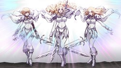 3girls armor armour big_breasts blonde_hair breasts clare_(claymore) claymore clothing erect_nipples erect_nipples_under_clothes female female_focus female_only full_body full_color fully_clothed large_breasts long_hair looking_at_viewer miria_(claymore) multiple_girls nipple_bulge short_hair skin_tight sword teresa_(claymore)