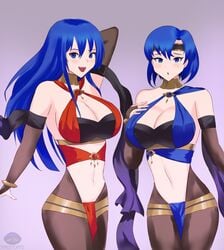 2girls alternate_breast_size alternate_costume big_breasts blue_eyes blue_hair blush bodystocking caeda_(fire_emblem) catria_(fire_emblem) cleavage clothing cosplay dancer dorothea_arnault_(cosplay) dorothea_arnault_(plegian)_(cosplay) fire_emblem fire_emblem:_mystery_of_the_emblem fire_emblem:_shadow_dragon_and_the_blade_of_light fire_emblem_heroes large_breasts legs lene_(fire_emblem)_(cosplay) lene_(fire_emblem)_(plegian) lene_(fire_emblem)_(plegian)_(cosplay) nintendo plegian ribbon smile stomach tiredtorto