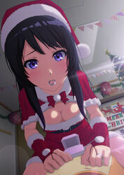 1girls black_hair blush breasts christmas christmas_hat christmas_outfit cleavage female hibike!_euphonium kousaka_reina long_hair looking_at_viewer pov presenting purple_eyes ring_in_mouth sitting_on_person sonouchi tagme wedding_ring