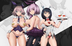 2021 3girls alternate_version_available bare_shoulders big_breasts black_hair black_legwear black_pantyhose blue_eyes breasts bunny_ears closed_mouth covered_navel covered_nipples cyan_eyes dark_hair female female_focus female_only hand_on_own_thigh hand_on_own_waist hand_on_thigh hand_on_waist heart_pasties holding holding_object legwear lifted_by_self lifting lifting_skirt looking_at_viewer looking_back mouth_closed mujina necktie nipple_pasties no_bra pantyhose partially_clothed pasties persocon93 purple_pasties pussy_pasty red_heart_pasties red_pasties shinjou_akane short_hair sideboob simple_background skirt skirt_lift skirt_up ssss.dynazenon ssss.gridman standing takarada_rikka thick_thighs thighs thunderthighs topless torn_legwear torn_pantyhose tray white_background white_wrist_cuffs wrist_cuffs yellow_heart_pasties yellow_pasties