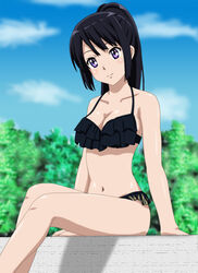 bikini black_bikini black_hair black_swimsuit breasts bushes cleavage cloud cp9a day female frilled_bikini frilled_bikini_top frilled_swimsuit frills hibike!_euphonium kousaka_reina long_hair medium_breasts navel ponytail purple_eyes sitting sky smile solo swimsuit tagme tied_hair