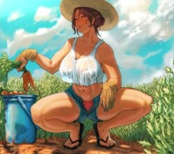 1girls 2021 bare_shoulders barefoot belly big_breasts breasts brown_hair carrot collarbone dirty_feet farming feet female female_only flip_flops hachijuu hat jean_shorts looking_at_viewer mature mature_female midriff milf navel nipples_visible_through_clothing original original_character pointy_chin red_eyes short_shorts shorts solo squatting sweat tank_top thick_thighs thighs top topwear wet wet_clothes wet_top wet_topwear white_tank_top white_top white_topwear working