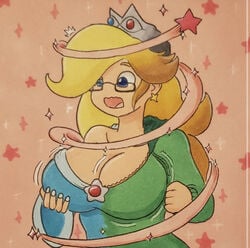 bimbo breast_expansion breast_grab crown embarrassed gender_transformation glasses jumneyarts mario_(series) mtf_transformation princess_rosalina proton_jon rosajon transformation