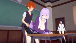 1boy 2girls adult_swim bending bending_down bent_over bent_over_desk bent_over_table caught_in_the_act classroom cuckquean desk hibiki_yuuta koikatsu multiple_girls school_desk shinjou_akane ssss.gridman studio_trigger tagme takarada_rikka toonami watching