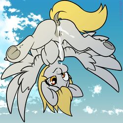 1:1 2021 anus ass blonde_hair bodily_fluids cloud day derpy_hooves equid equine feathered_wings feathers female feral friendship_is_magic genital_fluids genitals grey_body hair hasbro hi_res hooves itsspoopsb mammal my_little_pony nude outside pegasus pussy pussy_juice smile spread_wings upside-down wings