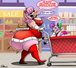 2girls amy_rose anthro ass ass_clapping blaze_the_cat boots breasts cellulite cleavage_cutout english_text female female_focus female_only furry hair_covering_eye hedgehog hips hyper_ass large_ass large_breasts long_hair milf nipple_bulge pink_fur pink_hair sega shopping_cart short_skirt sonic_(series) sonic_the_hedgehog_(series) store text thick_thighs thighs thunder_thighs wide_hips xanderdwulfe