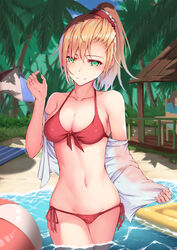 ball beach beach_umbrella beachball bikini blonde_hair breasts clothing female front-tie_top groin high_resolution lowleg lowleg_bikini medium_breasts navel original palm_tree partially_clothed partially_submerged partially_undressed ponytail rafael-m red_bikini red_ribbon red_swimsuit ribbon side-tie_bottom solo swimsuit swimsuit_under_clothes tagme tied_hair tree umbrella wading