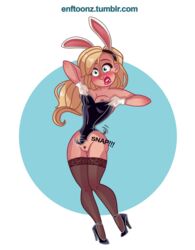 2018 black_thighhighs blonde_hair blush breasts brown_pubic_hair bunny_girl bunnysuit embarrassed embarrassed_nude_female enf enftoonz female footwear handwear modest nipples pink_nipples pubic_hair pubic_tuft pussy solo thighhighs wardrobe_malfunction