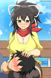 1boy 1girls asuka_(senran_kagura) bench big_breasts black_hair blush breasts brown_eyes brown_hair cleavage clothed collarbone embarrassed female hair_ribbon head_on_lap head_pat huge_breasts lap_pillow large_breasts male open_mouth outdoors scarf senran_kagura senran_kagura_(series) sitting smile soulkibble tagme thighhighs thighs wholesome