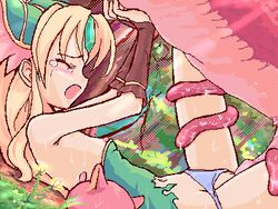 1girls blonde_hair blush breasts closed_eyes clothing cry dress female flat_chest green_dress human imminent_penetration imminent_rape imminent_sex interspecies just_the_tip long_hair lowres male monster nipples oekaki open_mouth panties penetration penis pink_tentacles pussy rape resisting riesz seiken_densetsu seiken_densetsu_3 small_breasts spread_legs struggling takayaki tears tentacle torn_clothes underwear vaginal_penetration