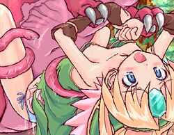 1girls ambiguous_penetration blonde_hair blood blue_eyes blush breasts clothed_sex clothing cry dress female flat_chest green_dress human interspecies long_hair lowres monster nipples oekaki open_mouth panties panties_aside penetration pink_tentacles rape restrained riesz seiken_densetsu seiken_densetsu_3 side-tie_panties small_breasts spread_legs takayaki tears tentacle tentacles_under_clothes torn_clothes underwear vaginal_penetration virgin wide_eyed